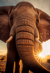 A huge elephant looks at the camera and takes a selfie in nature. AI Generated