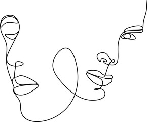 Abstract faces line vector illustration. Minimalistic art male and female. Black and white. White background. One line drawing.