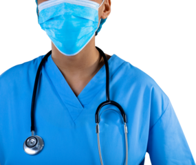 Mid section of african american female health worker wearing face mask against white background