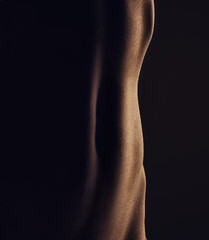 Nude, stomach and silhouette, woman and closeup, sexy and dark aesthetic, art with skin and sensual on black background. Body, beauty and creative with seduction, desire and naked female in studio - obrazy, fototapety, plakaty