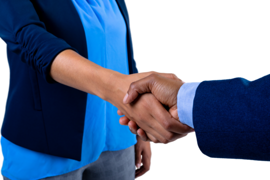 Mid section of businessman and businesswoman shaking hands against white background