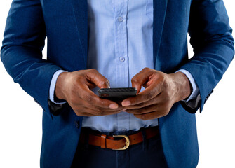 Mid section of african american businessman using smartphone against white background