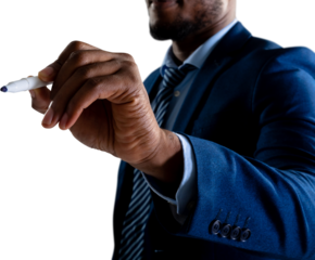 Mid section of african american businessman writing on invisible screen against white background