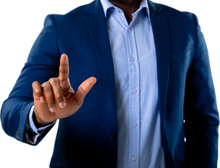 Mid section of african american businessman touching an invisible screen against white background