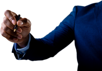 Mid section of african american businessman writing on invisible screen against white background
