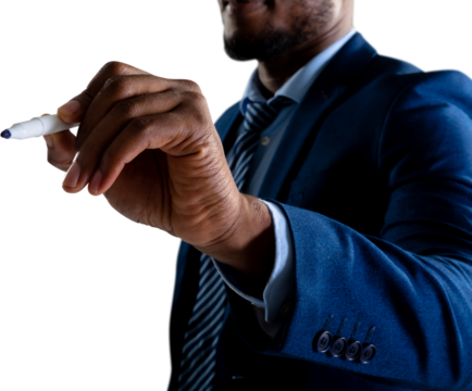 Mid section of african american businessman writing on invisible screen against white background - Powered by Adobe