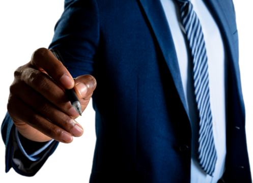 Mid section of african american businessman writing on invisible screen against white background - Powered by Adobe