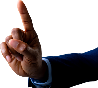 Close up of hand of businessman touching an invisible screen against white background
