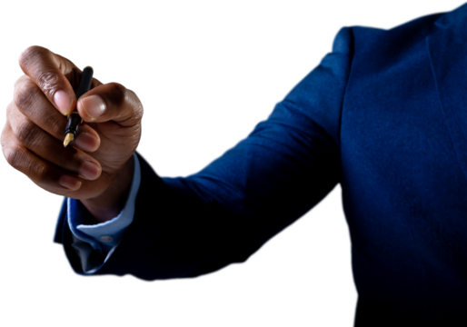 Mid section of african american businessman writing on invisible screen against white background - Powered by Adobe