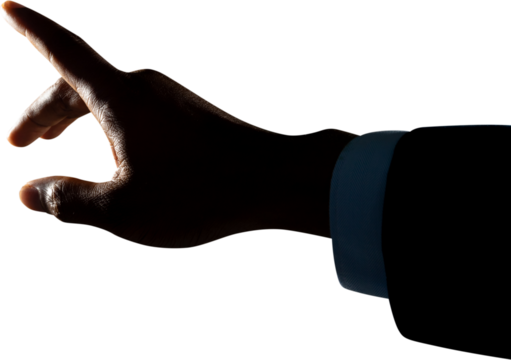 Close up of hand of businessman touching an invisible screen against white background