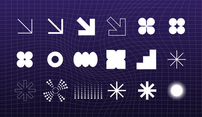 Retro futuristic elements for design. Big collection of abstract graphic geometric symbols and objects in y2k style. Templates for notes, posters, banners, stickers, business cards, logo.