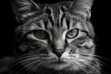 a black and white image of a cat's face gazing into the lens. Generative AI