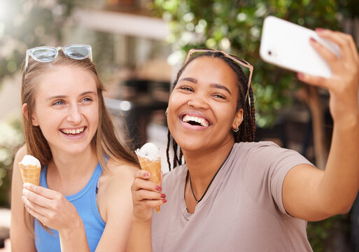 Friends, icecream and laugh in selfie outdoor with travel, happy with dessert and spending time together on vacation. Social media post, funny with picture and young female eating gelato in Italy