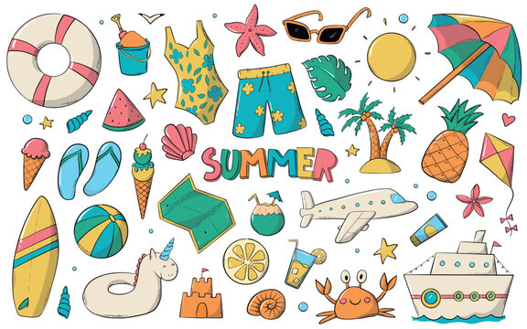 Summer doodles collection, cartoon elements, clip art. Good for prints, cards, posters, banners, signs, sublimation, etc. EPS 10