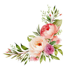 watercolor abstract corner spring floral peonies with pastel color for greeting wedding card logo pattern textile isolated on Transparent png background, Generative ai