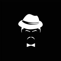 Retro male profile with white tie hat and mustache template. Mafia men character 20s with vintage style for masquerade and designer vector avatar