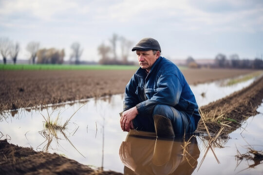 Crop farmer devastated on flooded field. Generative ai.