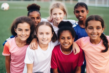 Group portrait, girl football and field with smile, team building motivation or solidarity at sport training. Female kids, sports diversity and happy with friends, teamwork. Generative ai.