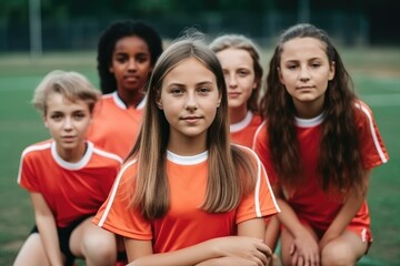 Group portrait, girl football and field with smile, team building motivation or solidarity at sport training. Female kids, sports diversity and happy with friends, teamwork. Generative ai.