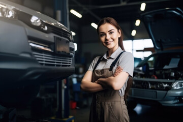 Mechanic working under the hood at the repair garage. Portrait of a happy mechanic woman working on a car in an auto repair shop. Female mechanic. Generative ai