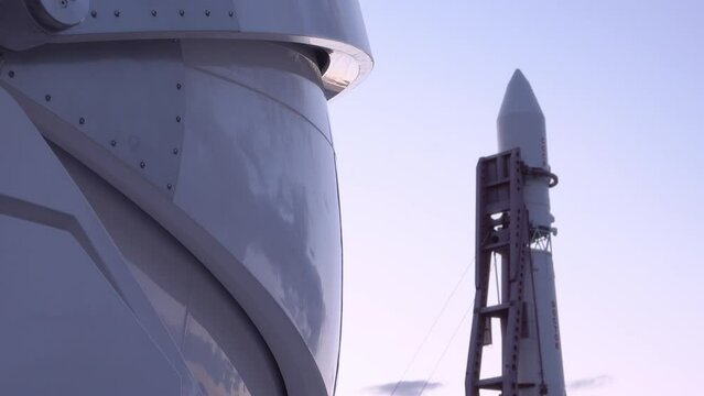 View of the Astronomical Observatory and Vostok launch vehicle. View of the Astronomical Observatory GMIK them. K.E. Tsiolkovsky and the launch vehicle Vostok. Kaluga, Russia.