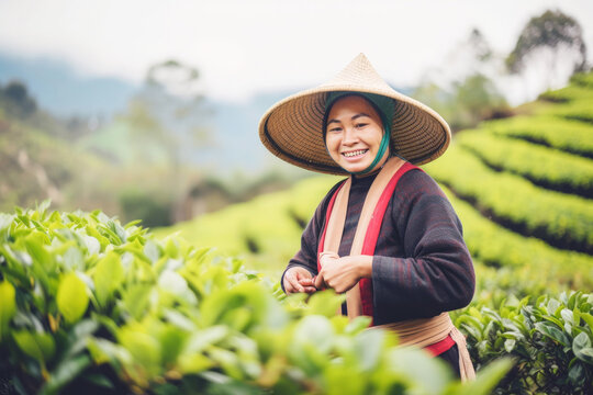 Happy woman holding the harvest in the tea farm. Generative ai.