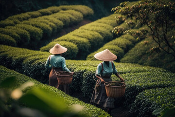 two Workers picking tea leaves in tea plantation. Generative ai