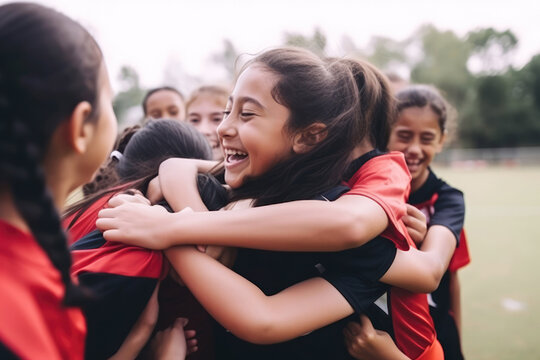 Soccer, girl celebration and field with happy piggyback, team building support and solidarity for winning game. Female kids, sports diversity and celebrate with friends. Generative ai
