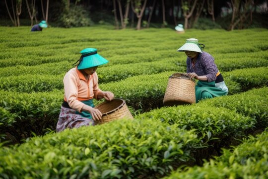 woman workers separating tea leaves from branches. Generative ai