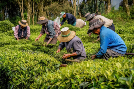 The farmers who are harvesting up the leaves from the tea tree in the morning which are the good time to harvest the tea leaves. Generative ai.