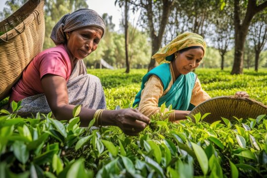 woman workers separating tea leaves from branches. Generative ai