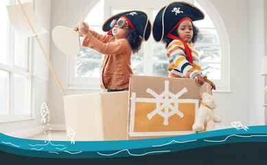 Sailing, box ship or pirate children role play, fantasy imagine or fun pretend in cardboard yacht...