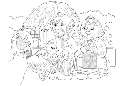 Coloring pages. fairy tale about the old man and the old woman. Illustration for children.