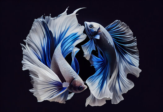 Two beautiful fish with magnificent long tails swim in a circle on a dark background. AI Generated