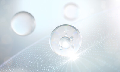 Cosmetic Essence, Liquid bubble, Molecule inside Liquid Bubble, 3d rendering