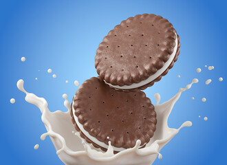 Sandwich cookies with white milk splash, 3d illustration.