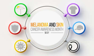 Melanoma and skin cancer awareness month observed each year in May, Exposure to ultraviolet (UV) rays causes most cases of melanoma, the deadliest kind of skin cancer. 3D Rendering