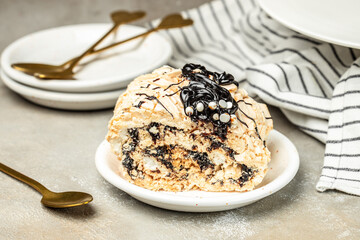 meringue roll with chocolate. Pavlova with cream, sweet pastry and desserts concept