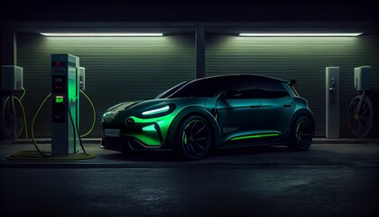 Obraz na płótnie Canvas Electric car charging on the station, illustration. Green neon glowing EV vehicle filling up a battery. Modern hybrid