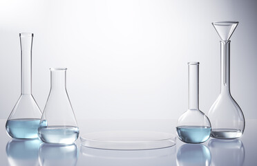 Cosmetic podium display with glass flask and cylinder equipment in medical science lab background, 3d rendering