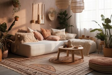 Side view of warm boho living room with cushions on white couch or sofa, plaid and carpet beneath wall shelf with home décor, house plants in flower pots, and template photo frame. Generative AI