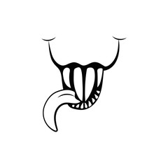 Scary smile with tongue hanging out. Creepy monster joy with sharp teeth and ferocious vampiric grin for halloween and demonic vector design