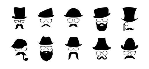 Vintage heads in glasses hat with mustache set. Fashion gentleman and hipster character with vintage style for masquerade and designer vector avatar