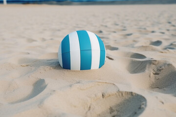 A blue and white beach ball sits in the sand on a beach - Generative AI