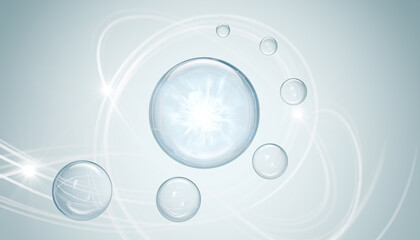 cosmetic moisturizer water molecule, Cosmetic Essence, Liquid bubble, Molecule inside Liquid Bubble on water background, 3d rendering
