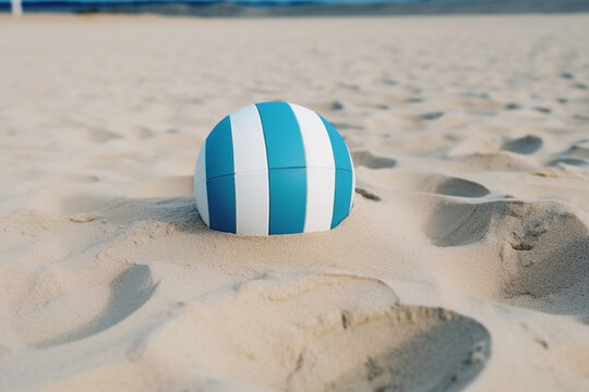 A blue and white beach ball sits in the sand on a beach - Generative AI