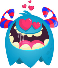 Funny cartoon monster character in love. Illustration of happy alien creature. St Valentine's Day design. Vector isolated