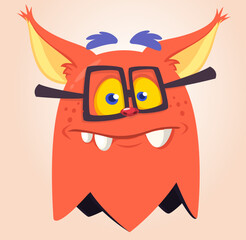 Funny cartoon monster character wearing eyeglsses. Illustration of happy alien creature. Halloween design. Vector isolated