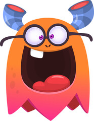 Funny cartoon monster character wearing eyeglsses. Illustration of happy alien creature. Halloween design. Vector isolated