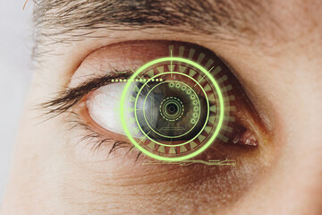 Eye with a futuristic vision of a person, control and protection of people, access control and security. Concept: DNA system, science and technology, artificial intelligence. Scanning, security